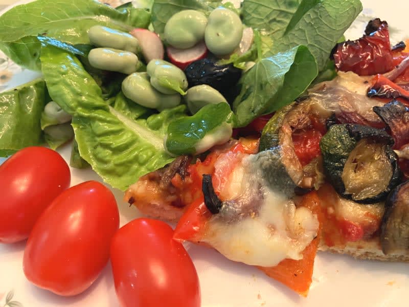 Scone Dough Picnic Pizza Muffins on a plate with tomatoes and green beans